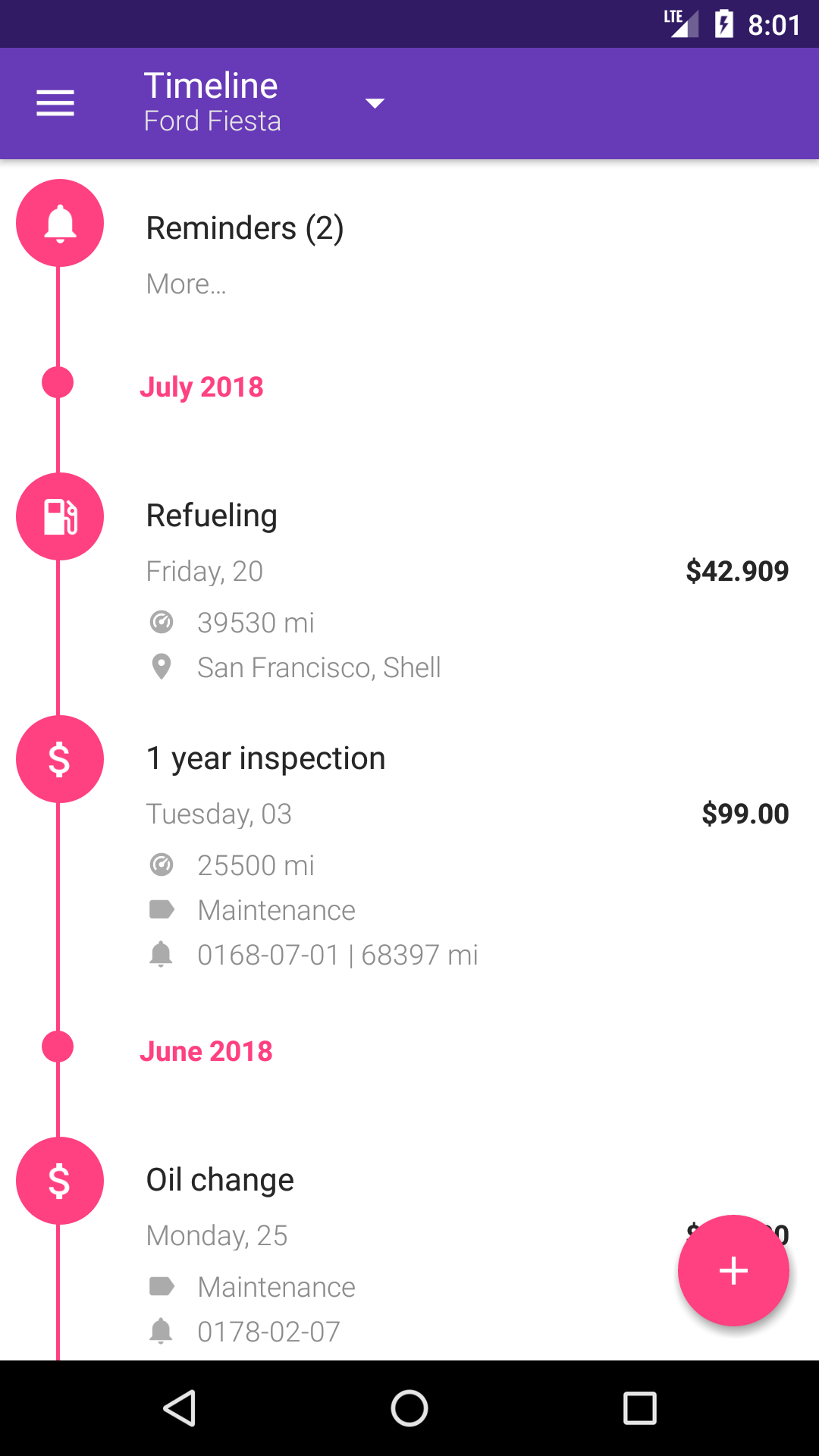 timeline - fuel log and costs